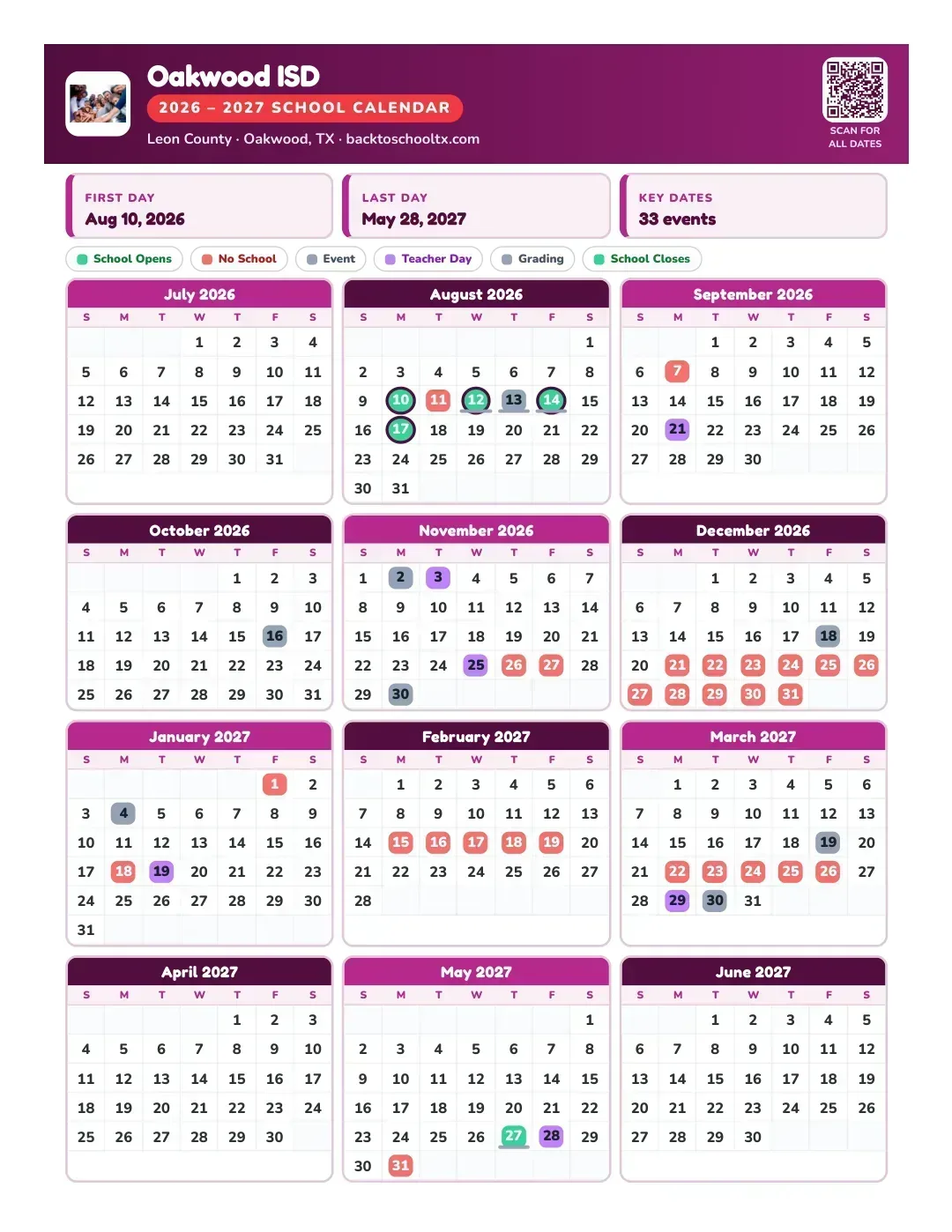Oakwood ISD Calendar for the Year 26-27