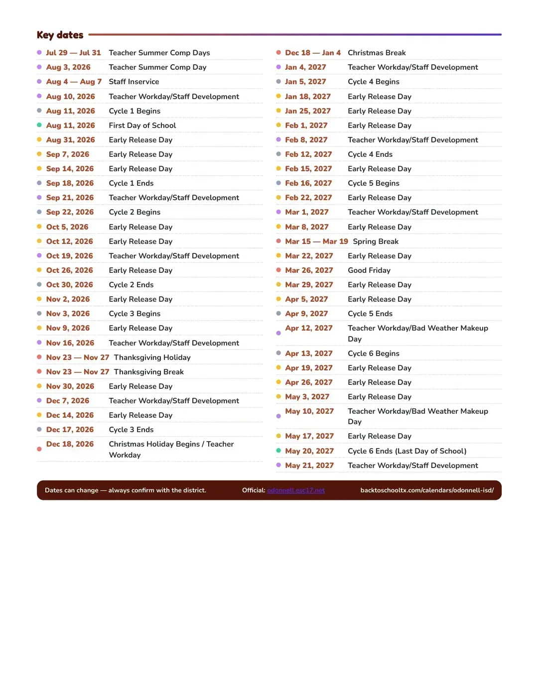 O'donnell ISD Calendar for the Year 26-27 — key dates