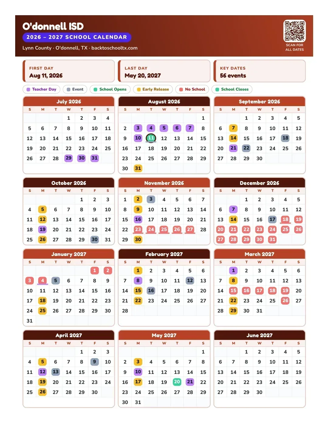 O'donnell ISD Calendar for the Year 26-27