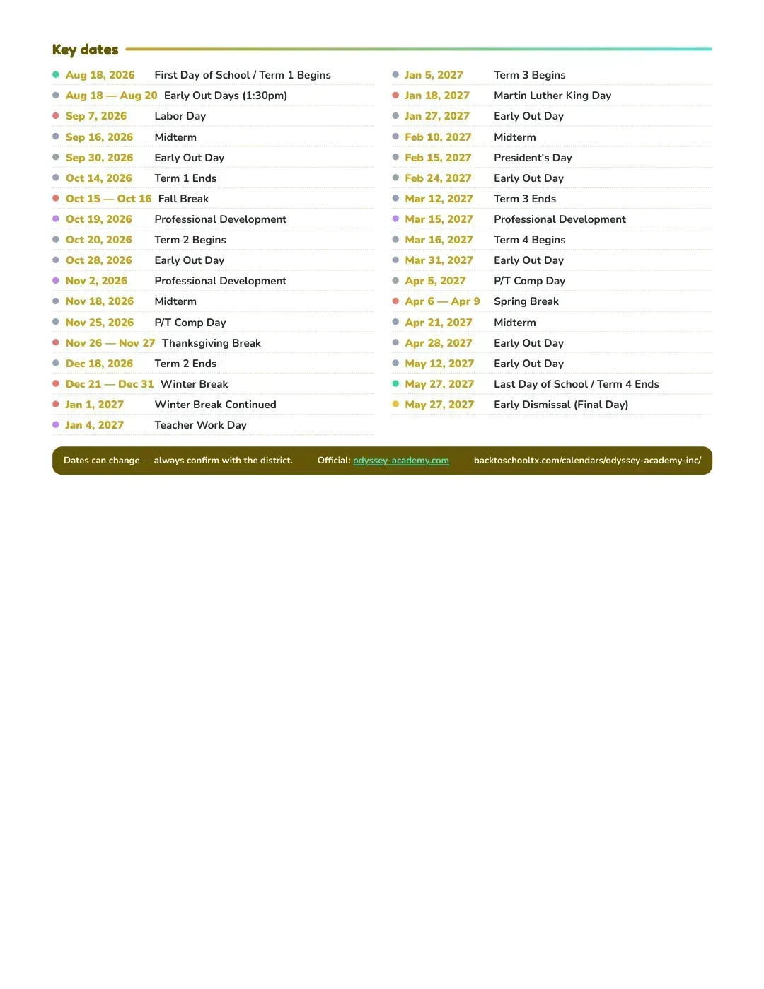 Odyssey Academy Inc Calendar for the Year 26-27 — key dates