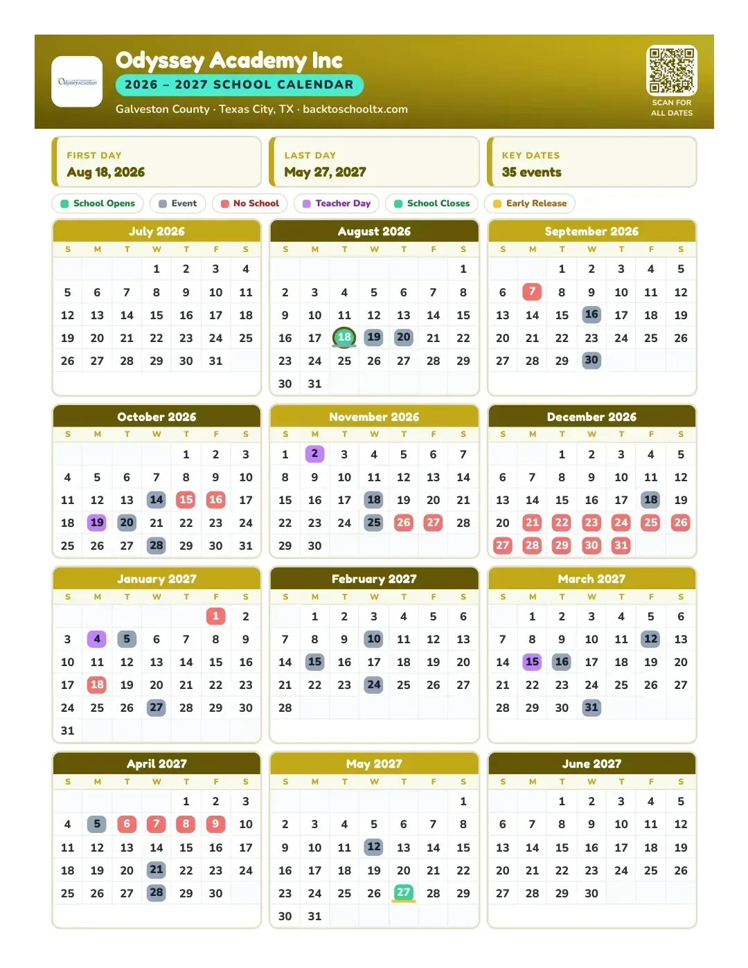 Odyssey Academy Inc Calendar for the Year 26-27