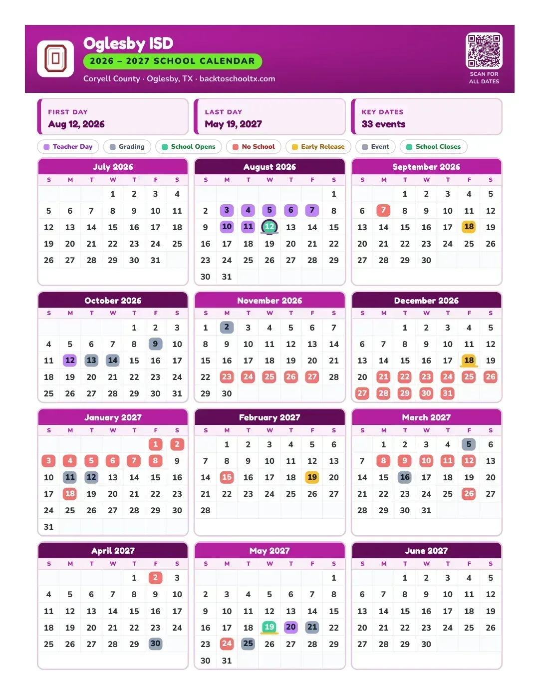 Oglesby ISD Calendar for the Year 26-27