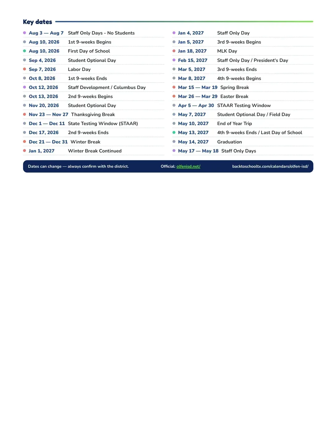 Olfen ISD Calendar for the Year 26-27 — key dates