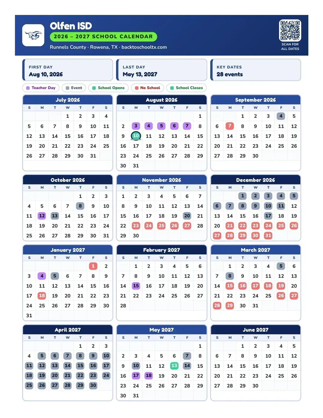 Olfen ISD Calendar for the Year 26-27