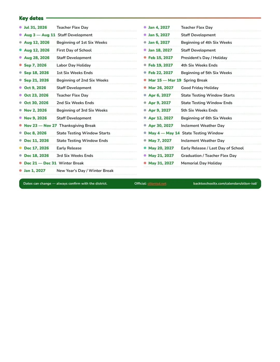 Olton ISD Calendar for the Year 26-27 — key dates