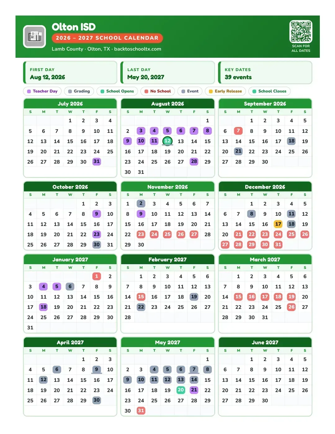 Olton ISD Calendar for the Year 26-27