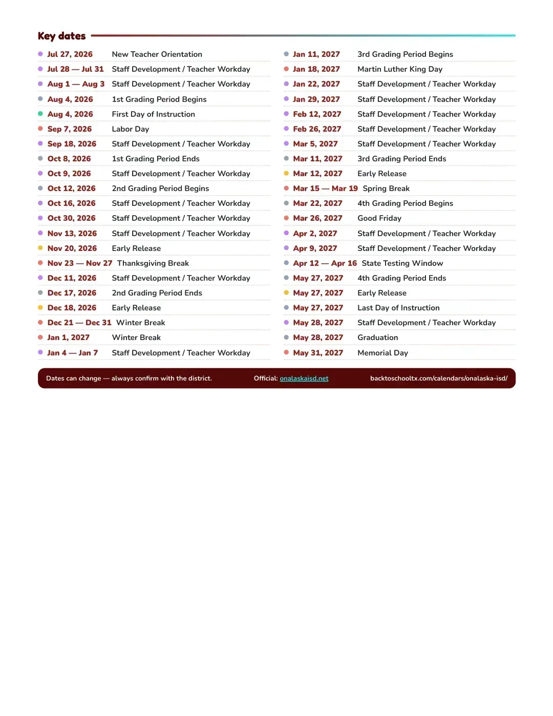 Onalaska ISD Calendar for the Year 26-27 — key dates