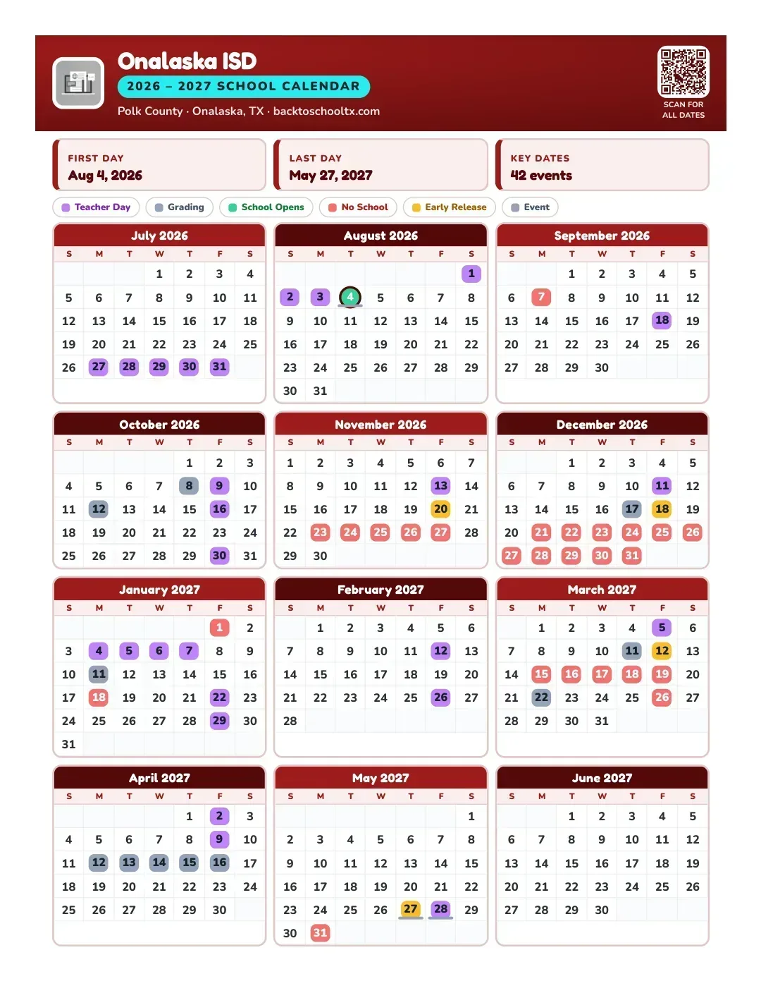 Onalaska ISD Calendar for the Year 26-27