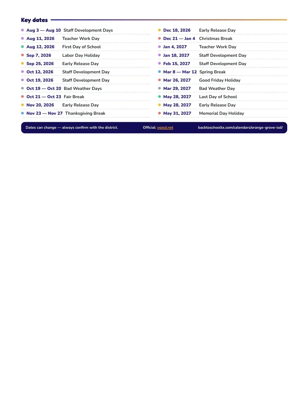 Orange Grove ISD Calendar for the Year 26-27 — key dates