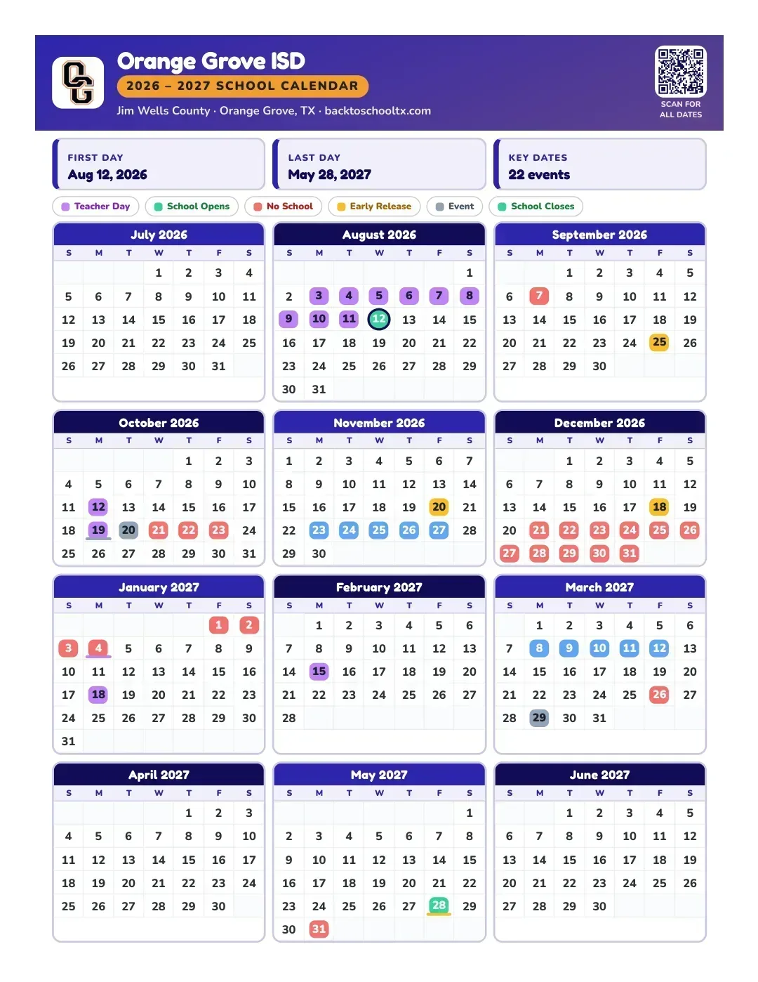 Orange Grove ISD Calendar for the Year 26-27