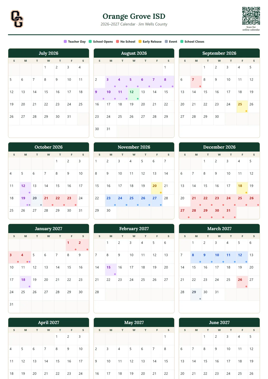 Orange Grove ISD printable 2026–2027 calendar