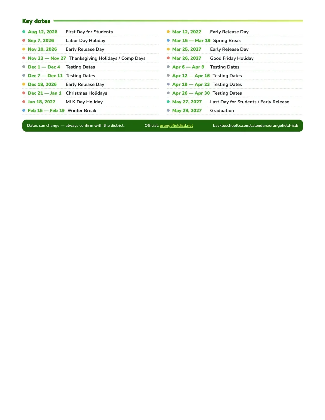 Orangefield ISD Calendar for the Year 26-27 — key dates