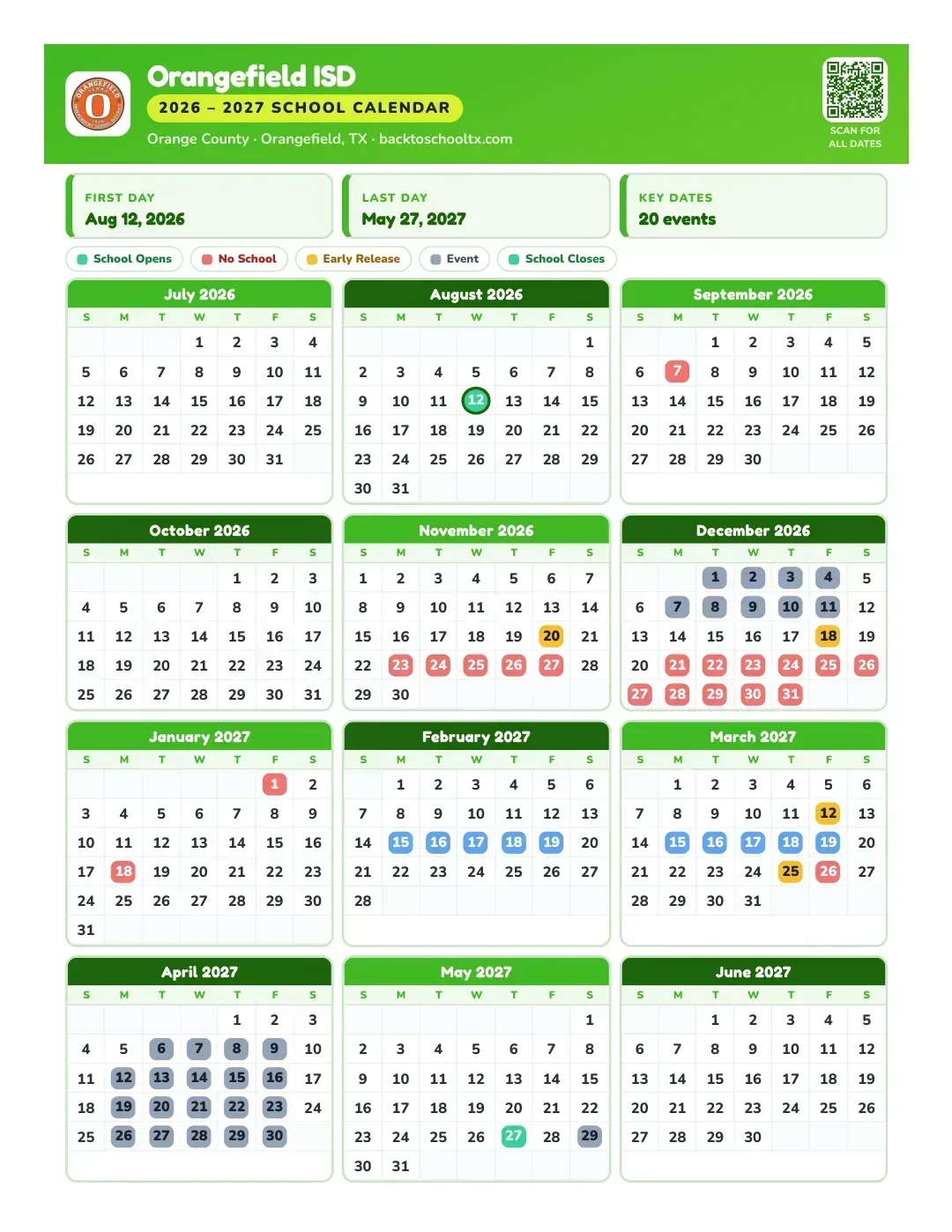 Orangefield ISD Calendar for the Year 26-27