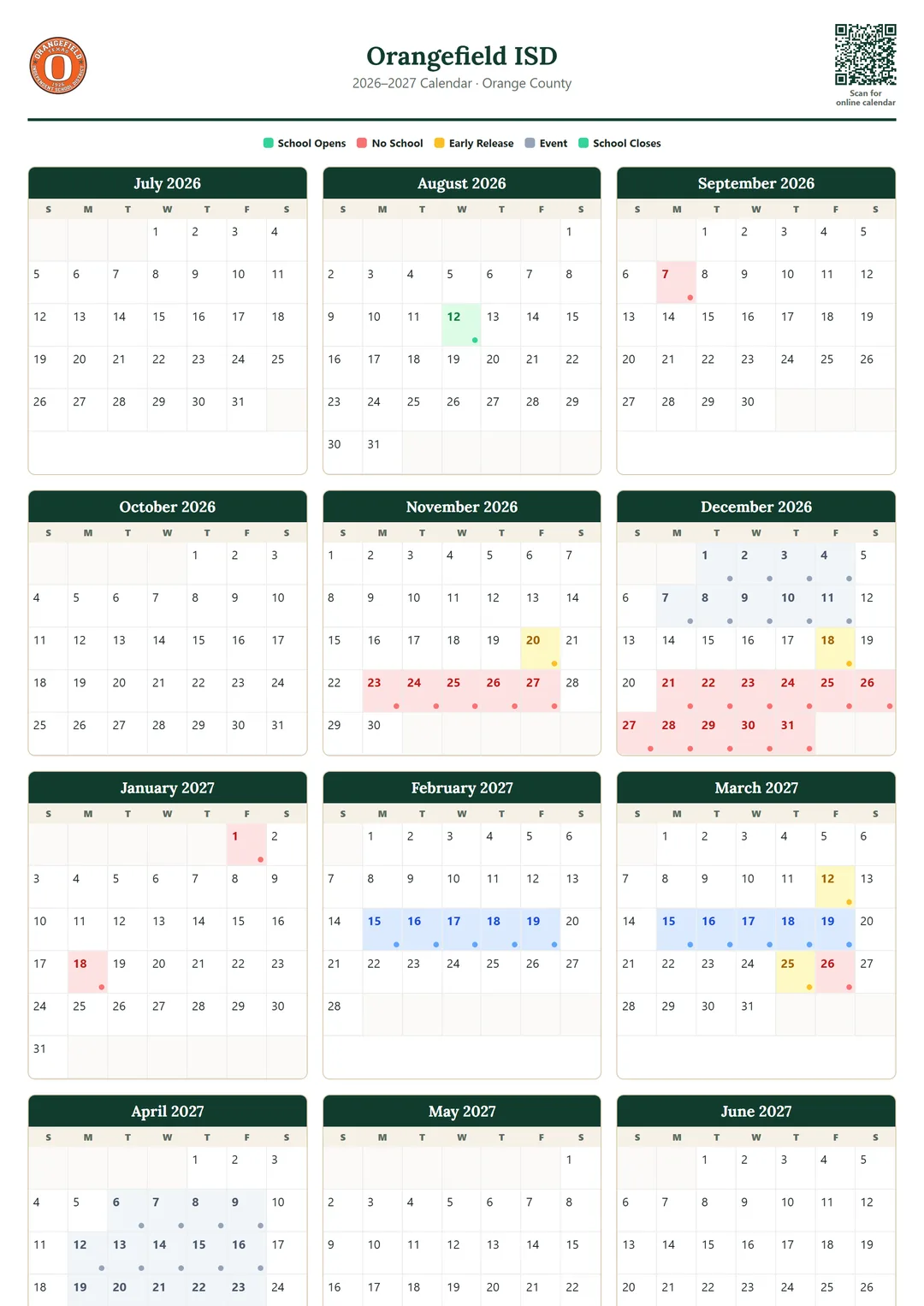 Orangefield ISD printable 2026–2027 calendar