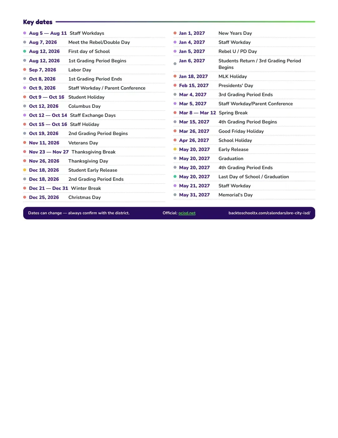 Ore City ISD Calendar for the Year 26-27 — key dates