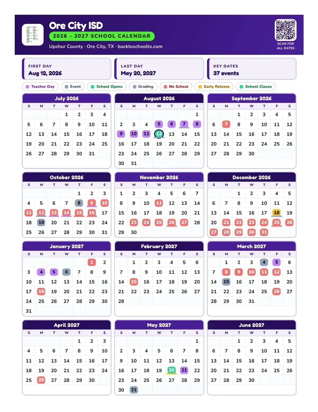 Ore City ISD Calendar for the Year 26-27
