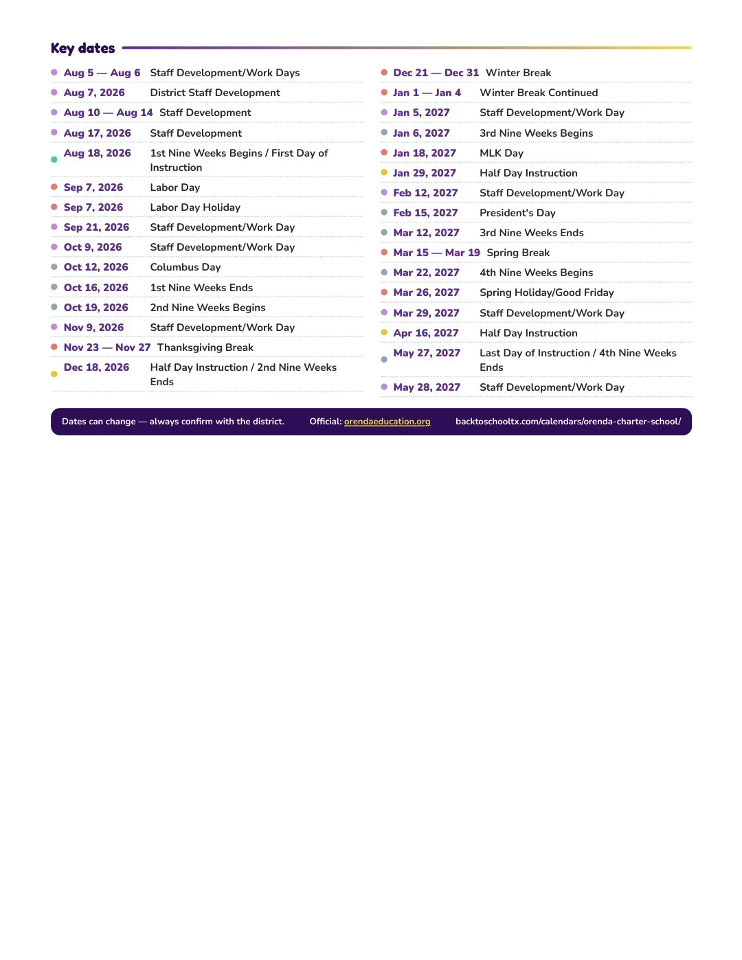 Orenda Charter School Calendar for the Year 26-27 — key dates