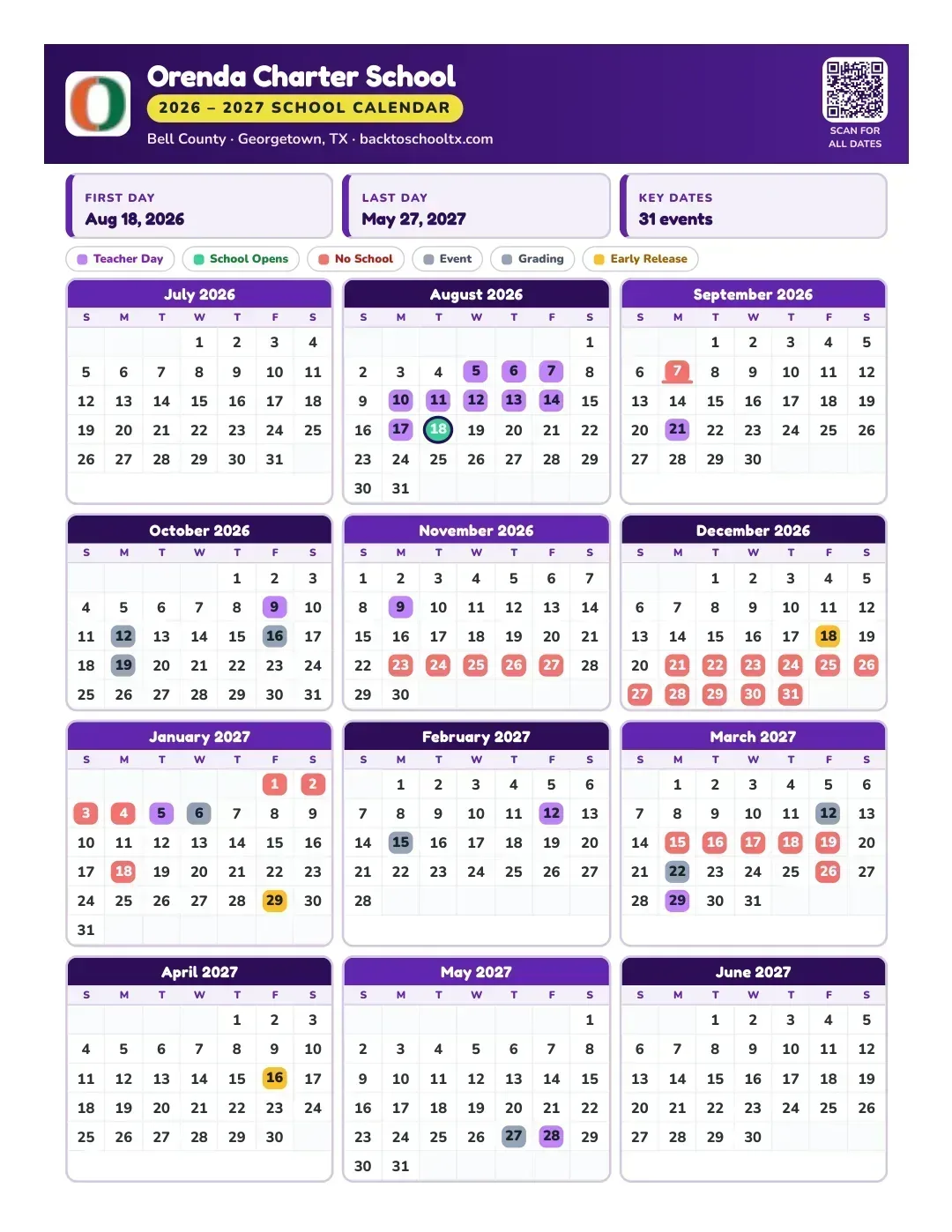 Orenda Charter School Calendar for the Year 26-27