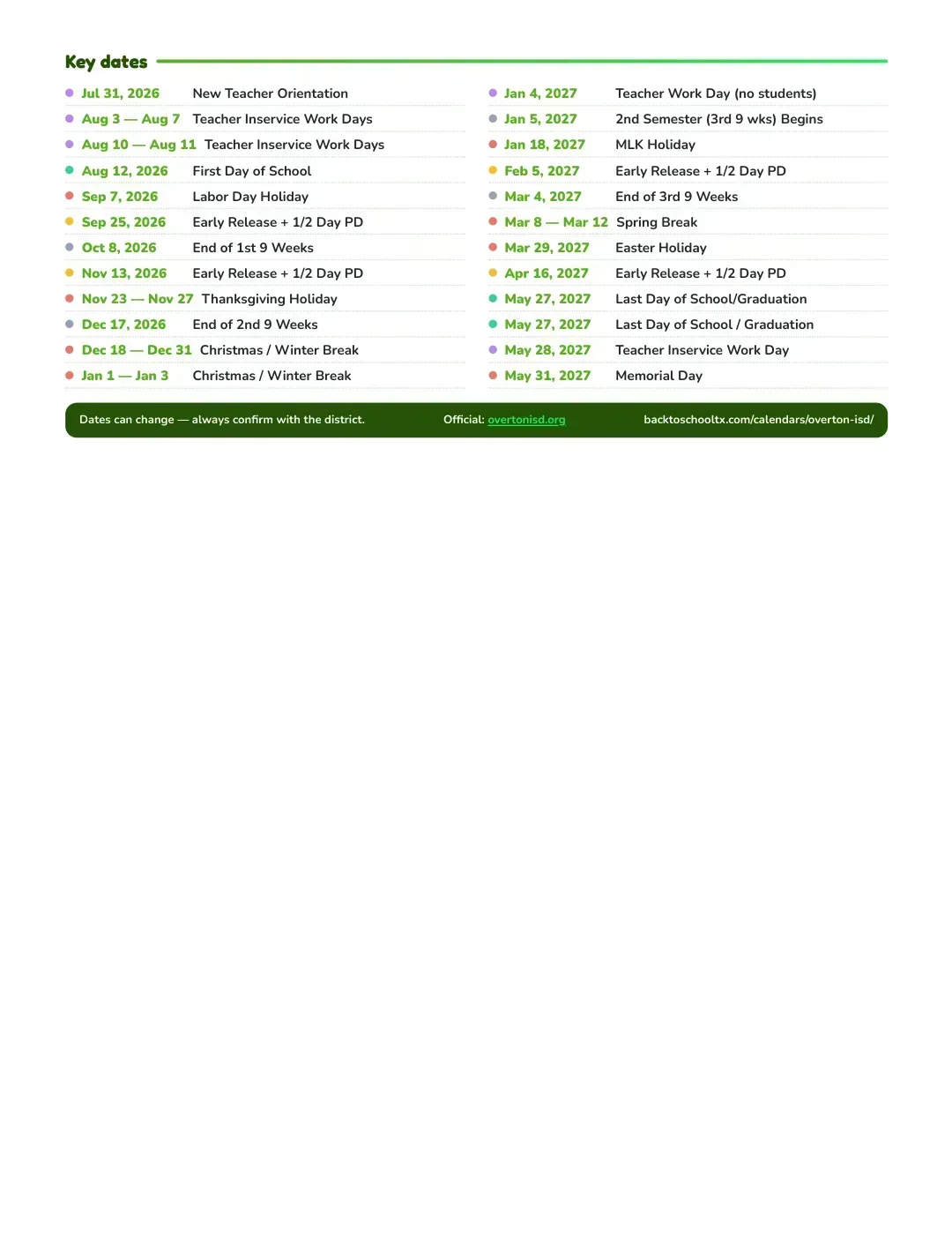 Overton ISD Calendar for the Year 26-27 — key dates
