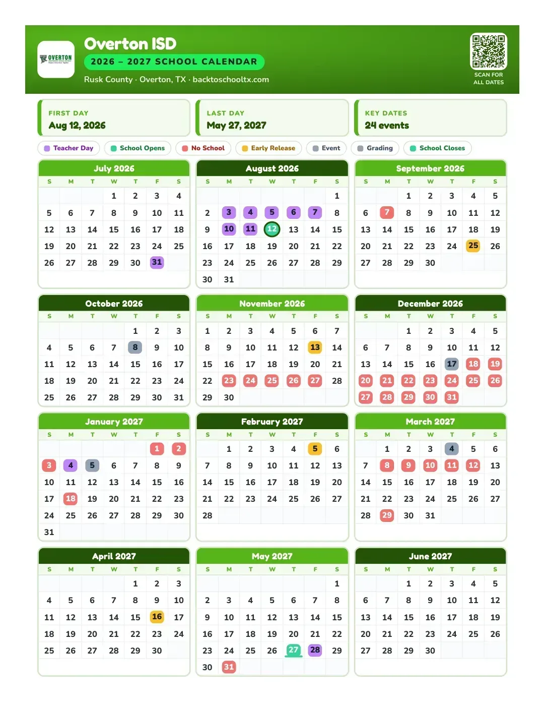 Overton ISD Calendar for the Year 26-27