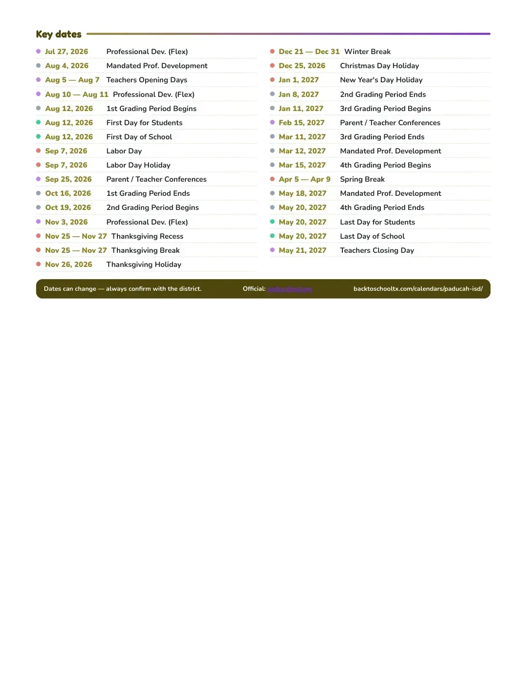 Paducah ISD Calendar for the Year 26-27 — key dates