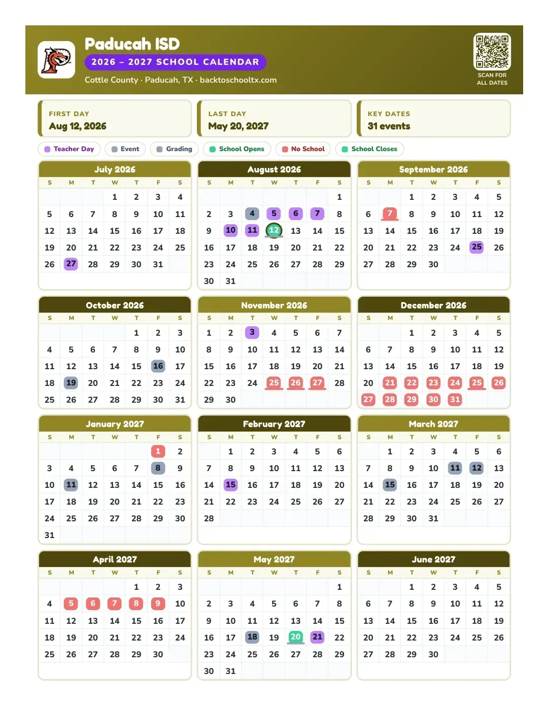 Paducah ISD Calendar for the Year 26-27