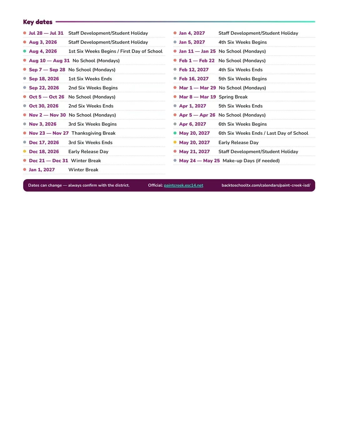 Paint Creek ISD Calendar for the Year 26-27 — key dates