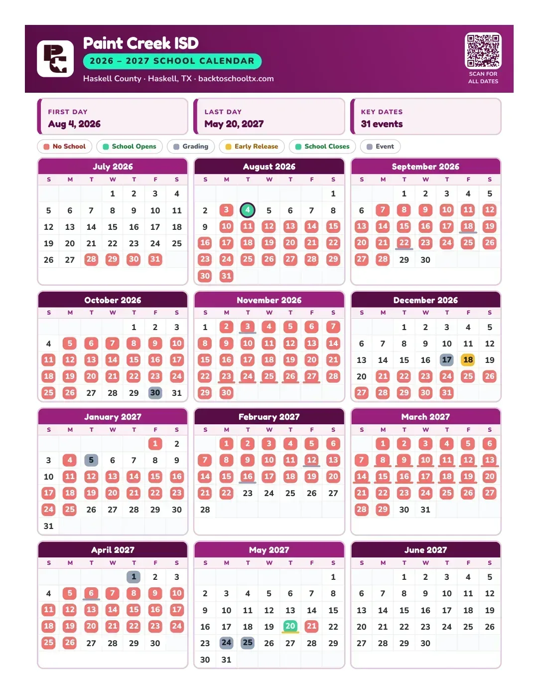 Paint Creek ISD Calendar for the Year 26-27