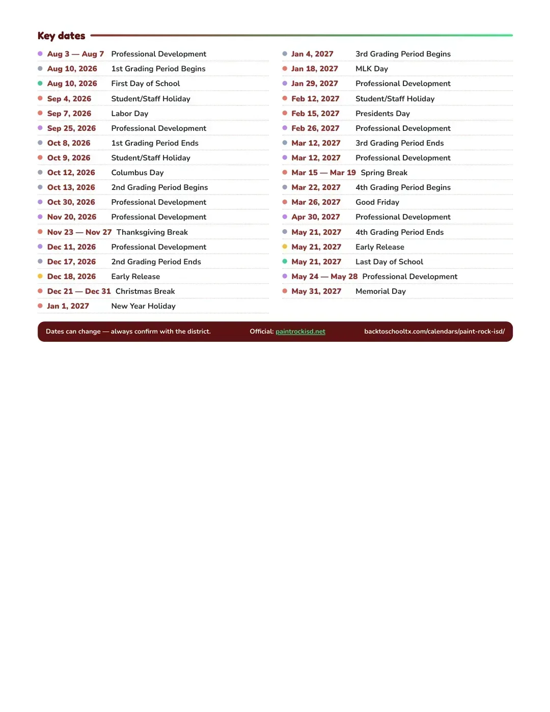 Paint Rock ISD Calendar for the Year 26-27 — key dates