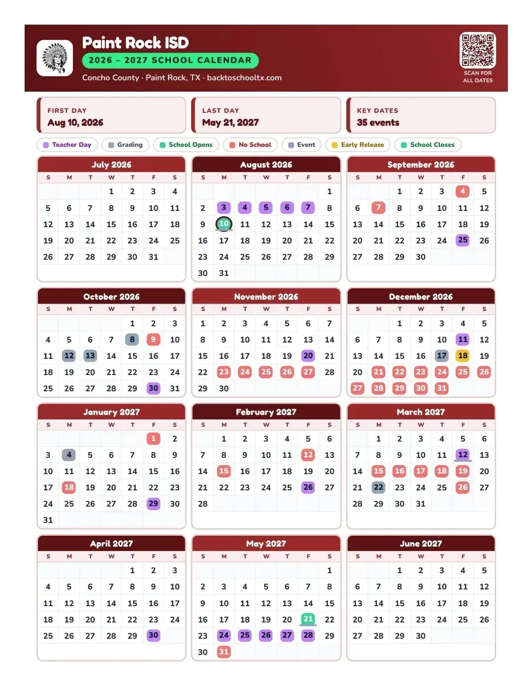 Paint Rock ISD Calendar for the Year 26-27