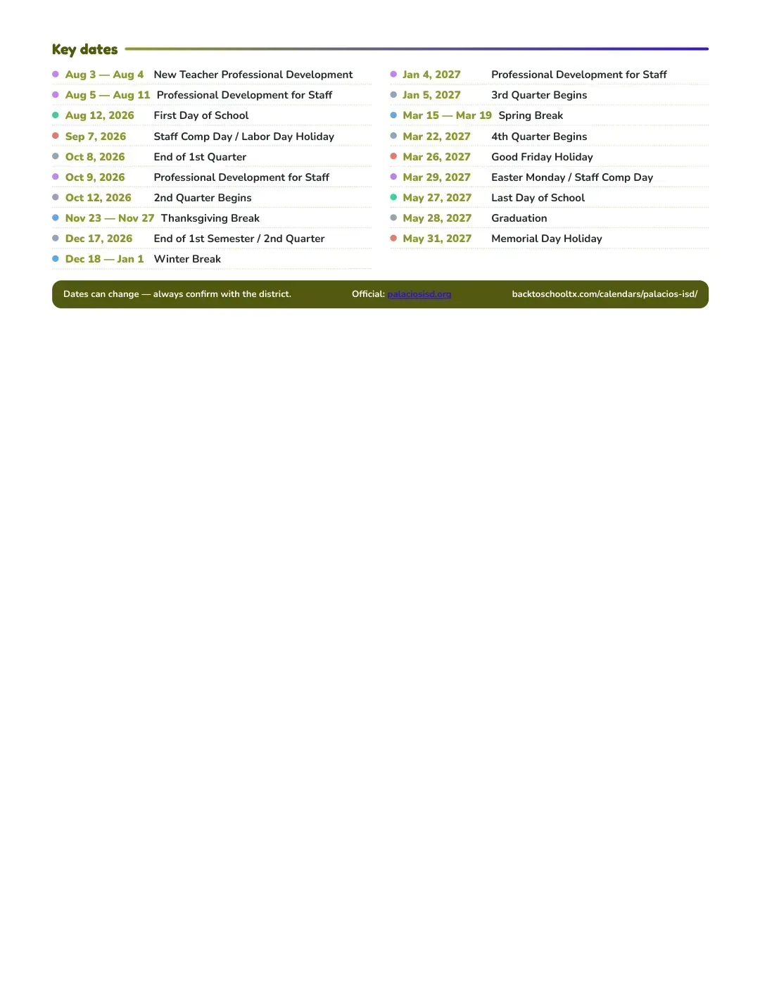 Palacios ISD Calendar for the Year 26-27 — key dates