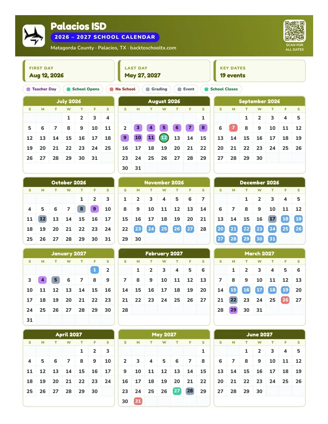 Palacios ISD Calendar for the Year 26-27