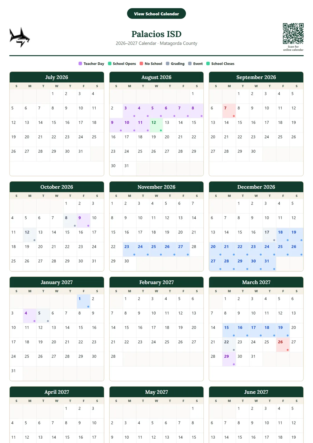 Palacios ISD printable 2026–2027 calendar