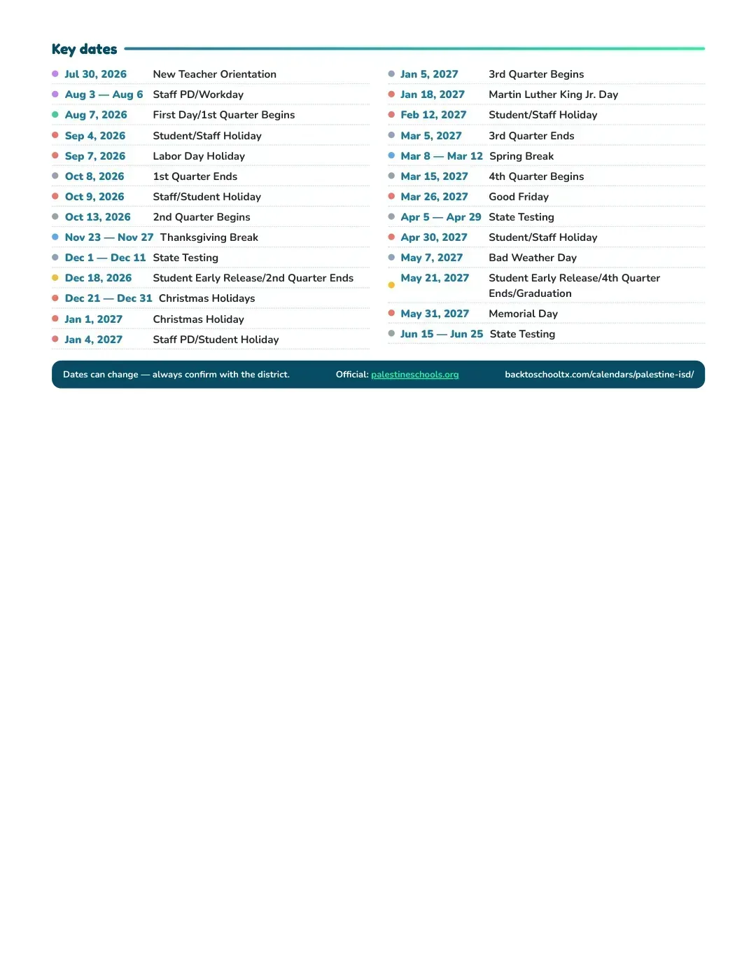 Palestine ISD Calendar for the Year 26-27 — key dates