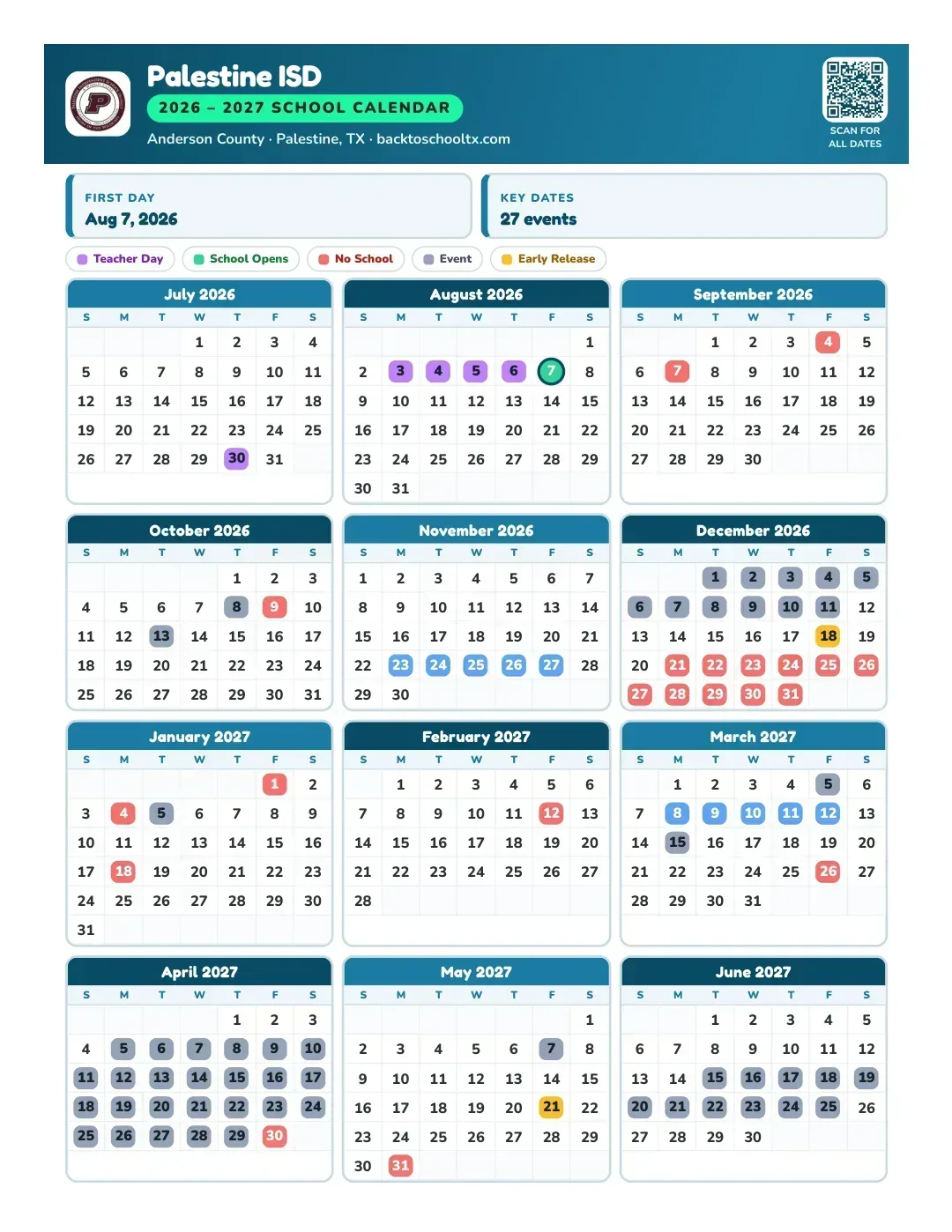 Palestine ISD Calendar for the Year 26-27