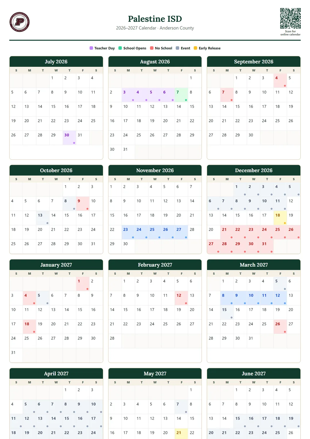 Palestine ISD printable 2026–2027 calendar