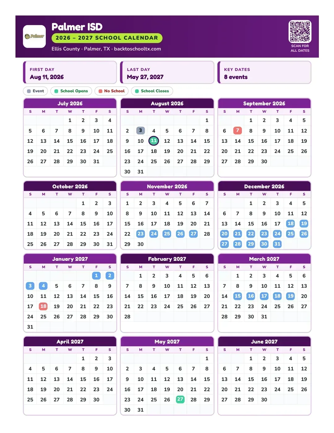 Palmer ISD Calendar for the Year 26-27
