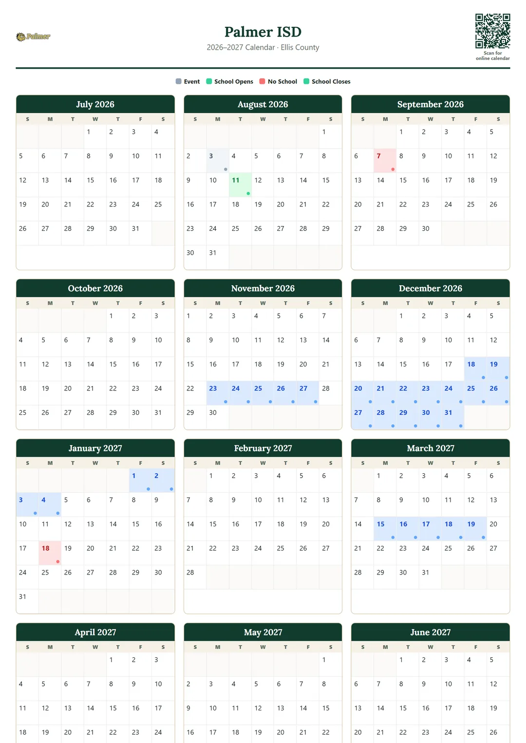 Palmer ISD printable 2026–2027 calendar