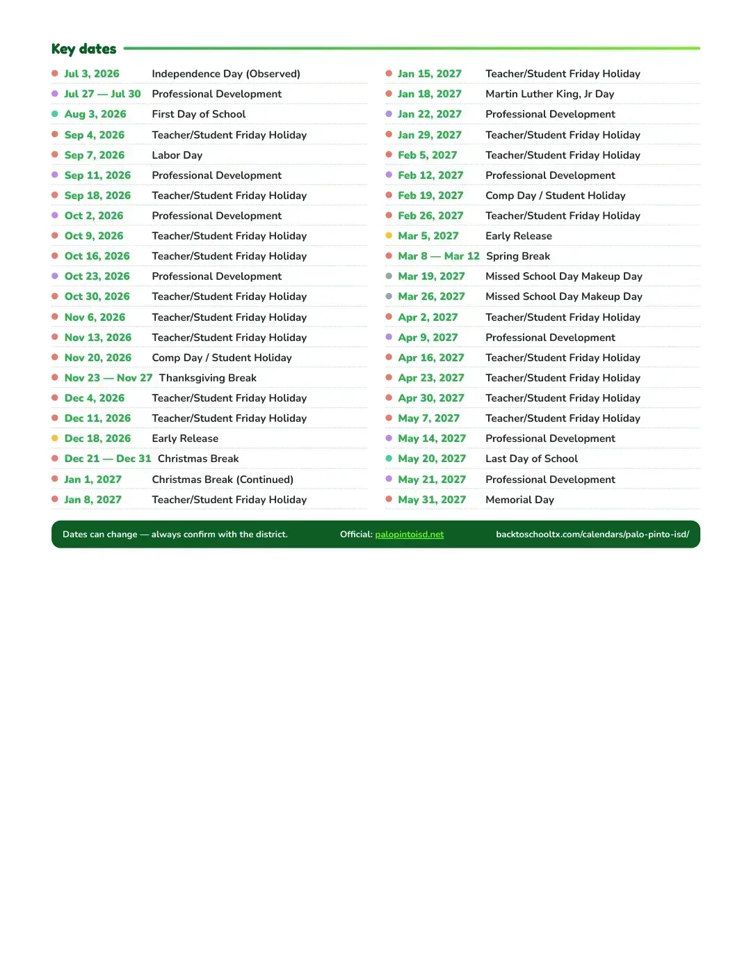 Palo Pinto ISD Calendar for the Year 26-27 — key dates
