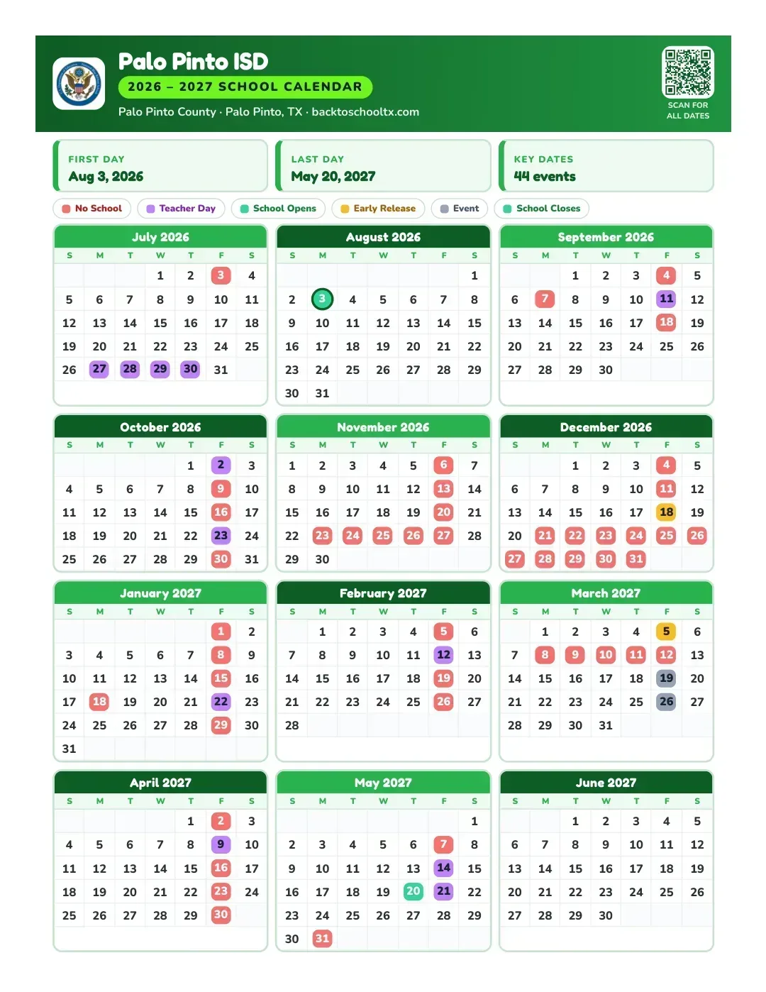 Palo Pinto ISD Calendar for the Year 26-27