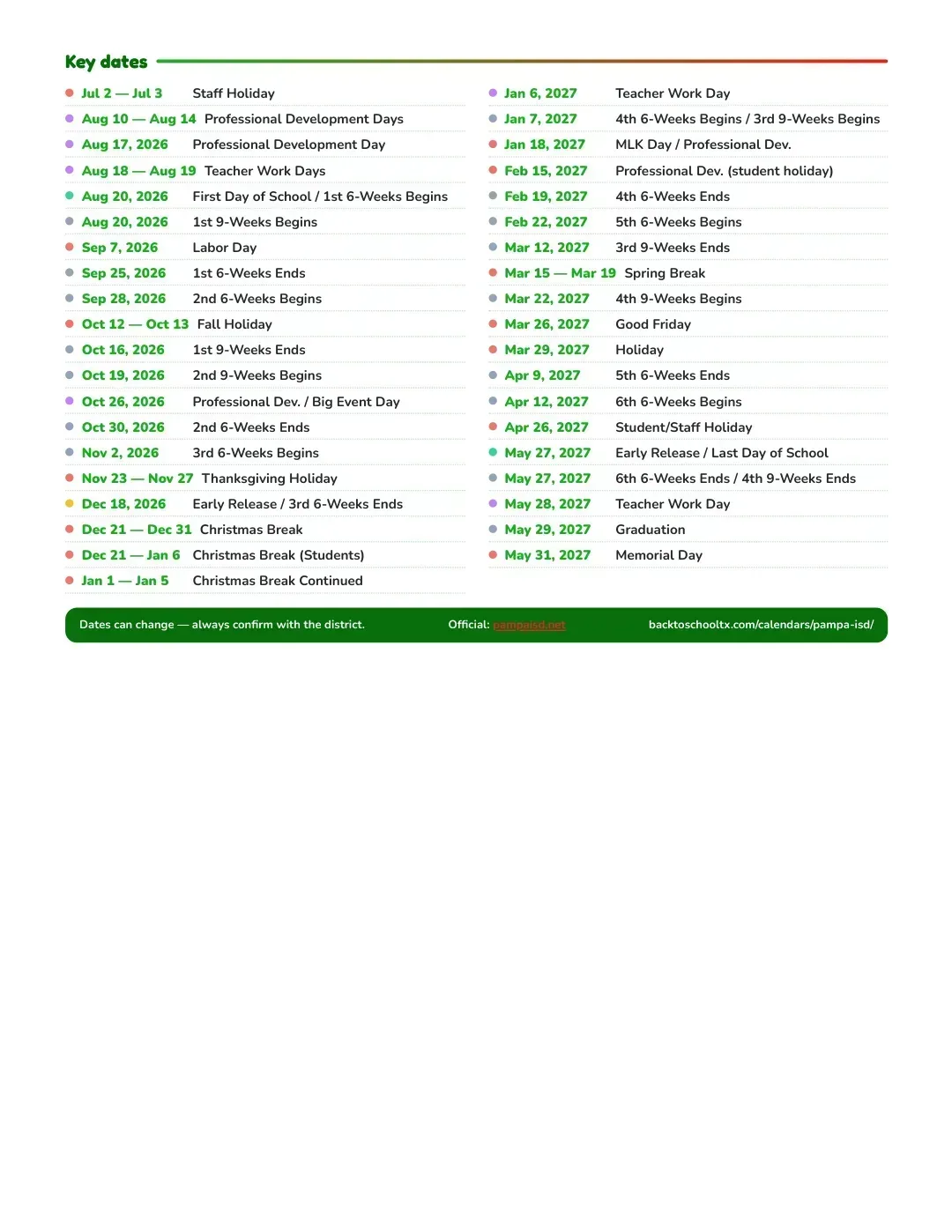 Pampa ISD Calendar for the Year 26-27 — key dates