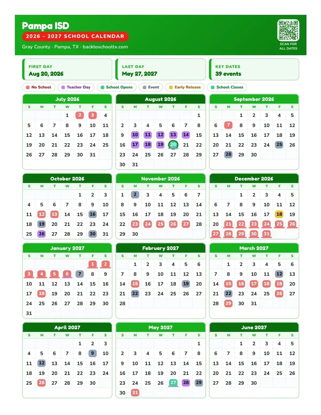 Pampa ISD Calendar for the Year 26-27