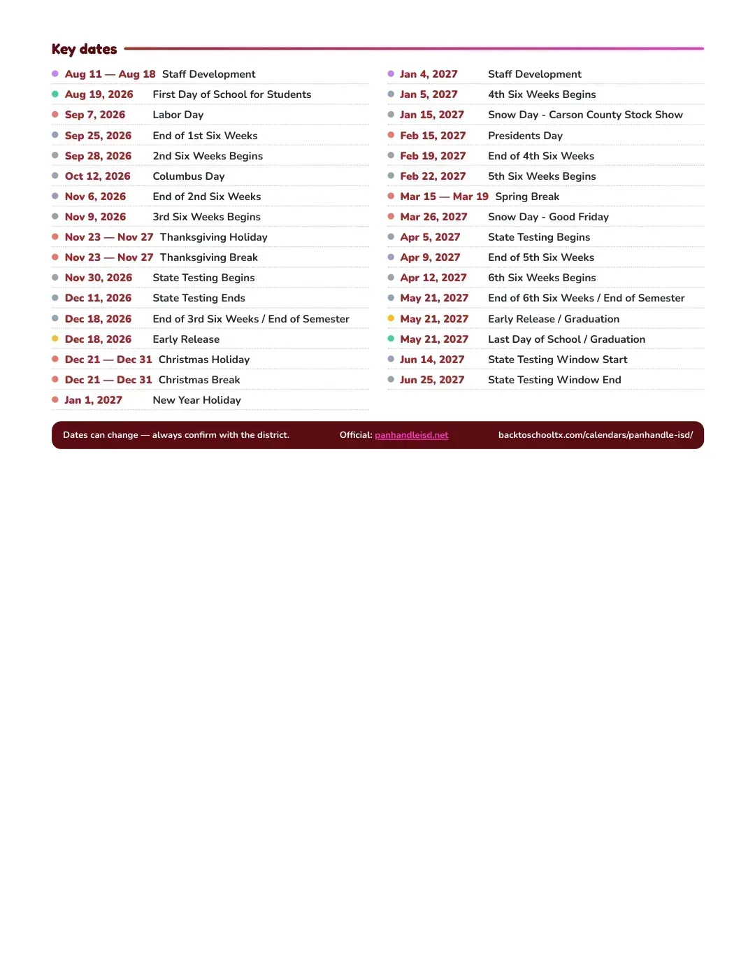 Panhandle ISD Calendar for the Year 26-27 — key dates