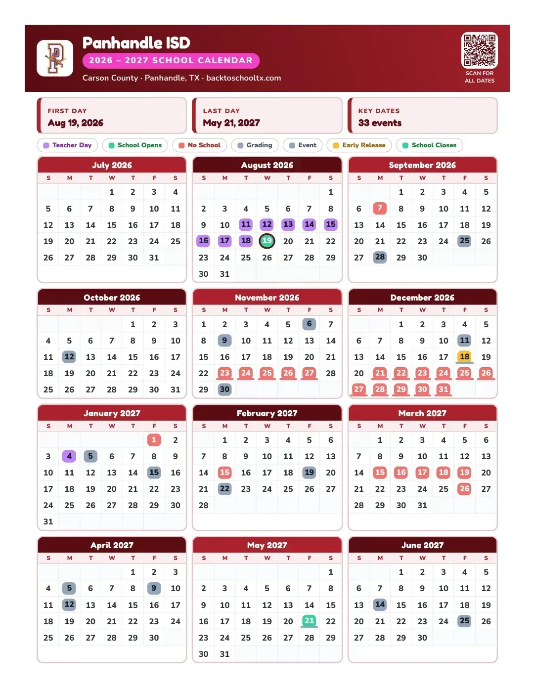 Panhandle ISD Calendar for the Year 26-27