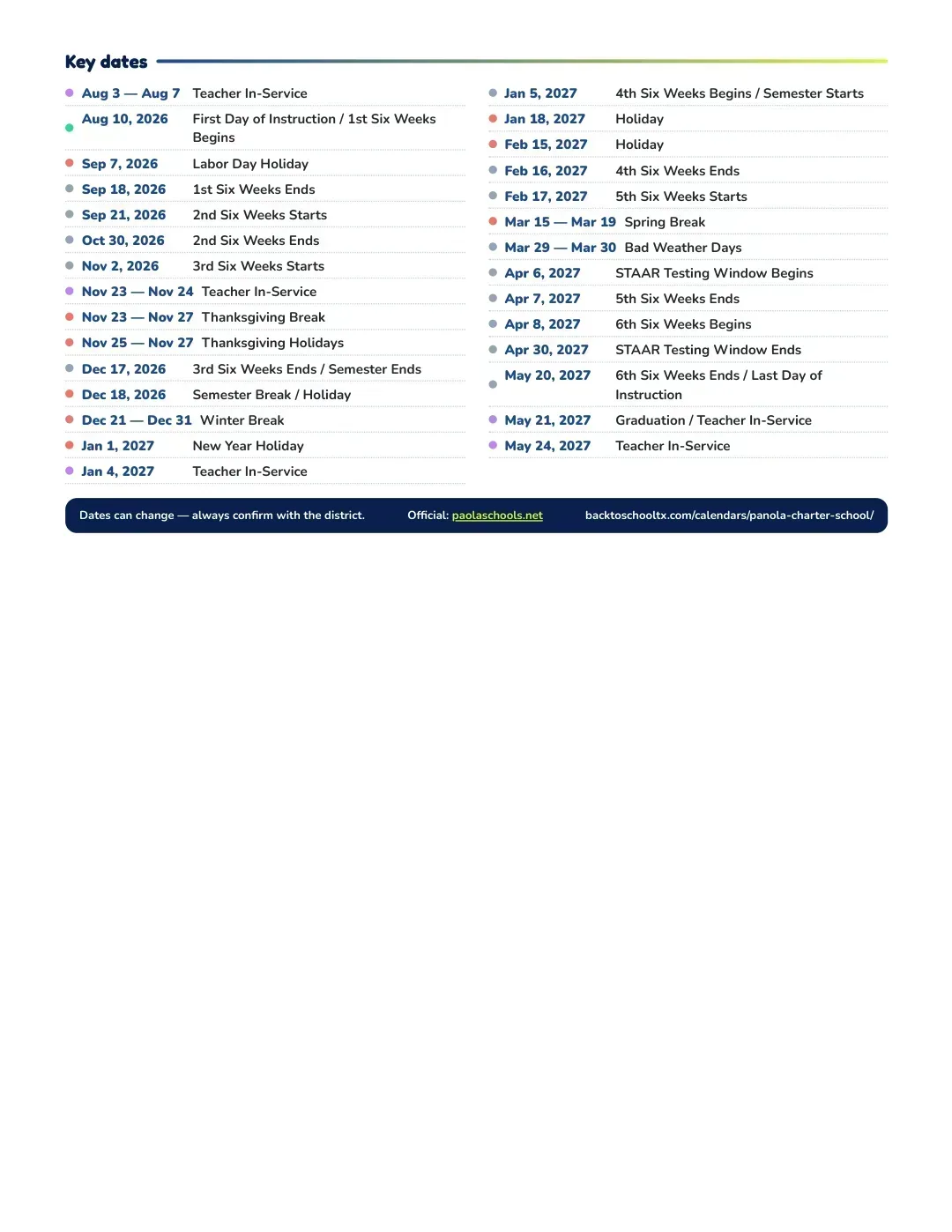 Panola Charter School Calendar for the Year 26-27 — key dates