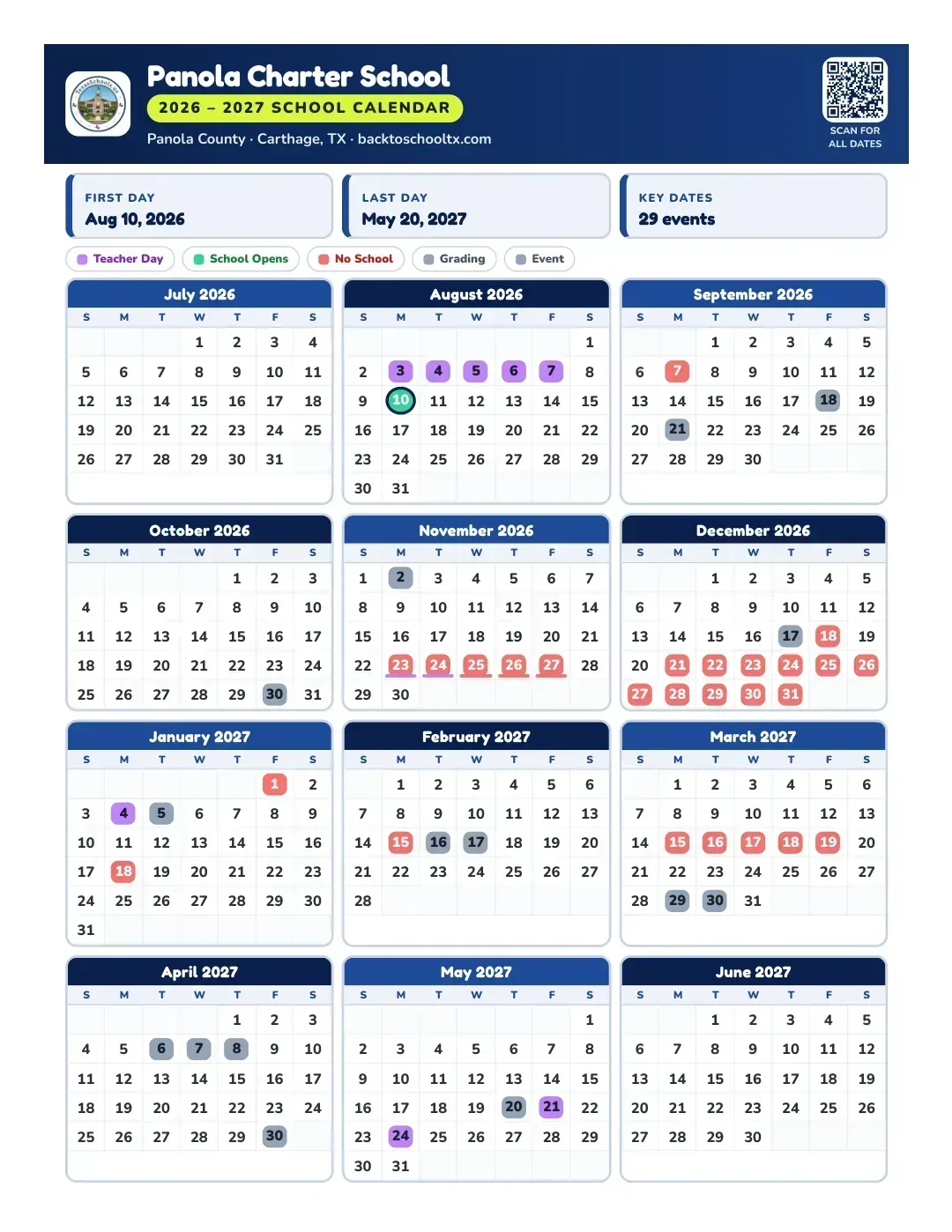 Panola Charter School Calendar for the Year 26-27