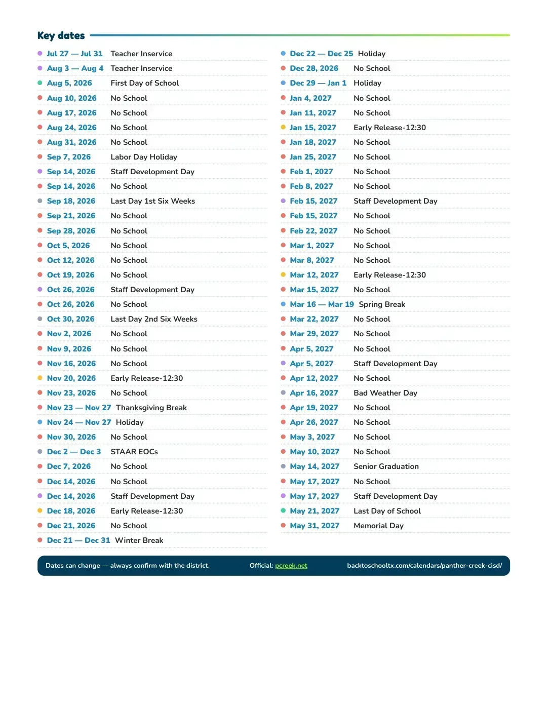 Panther Creek CISD Calendar for the Year 26-27 — key dates