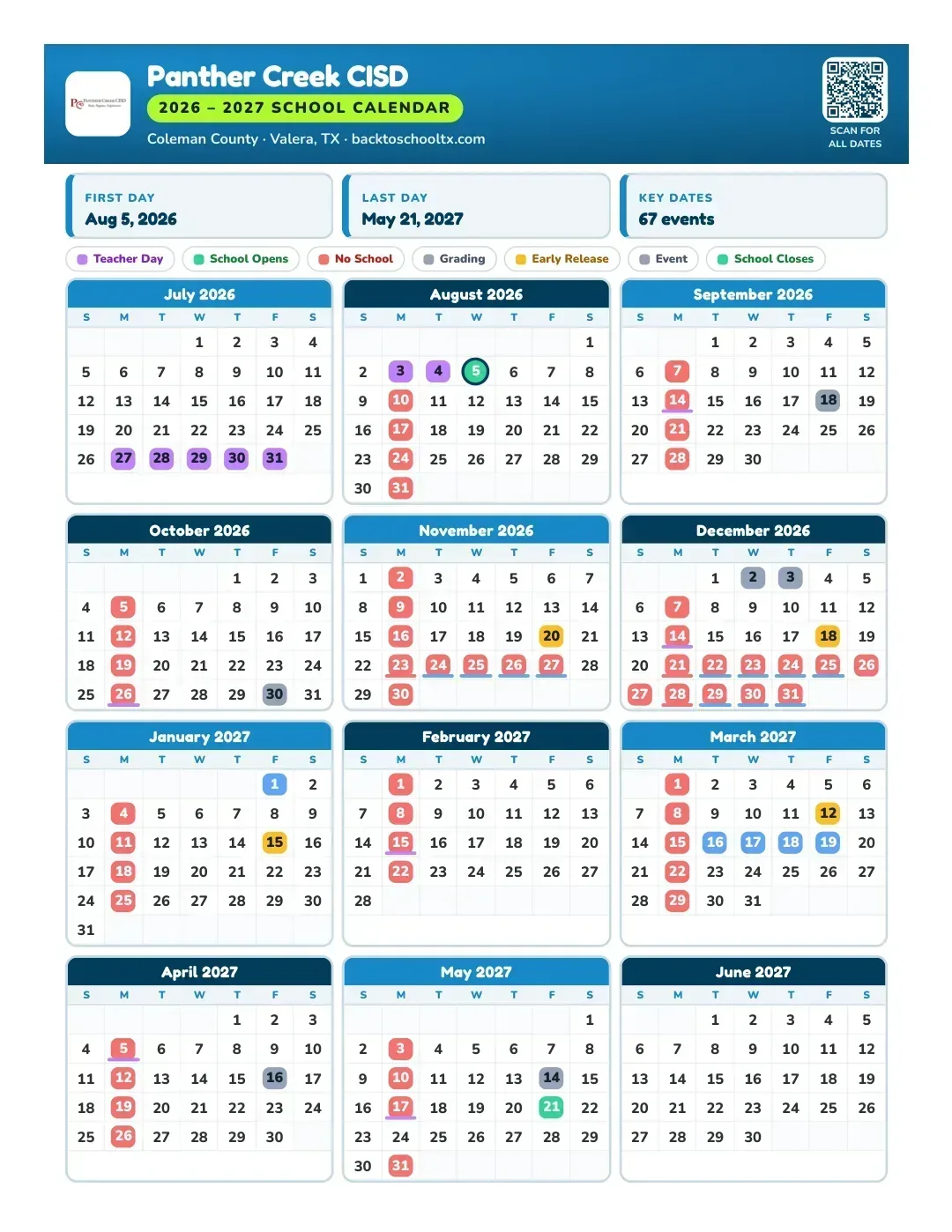 Panther Creek CISD Calendar for the Year 26-27