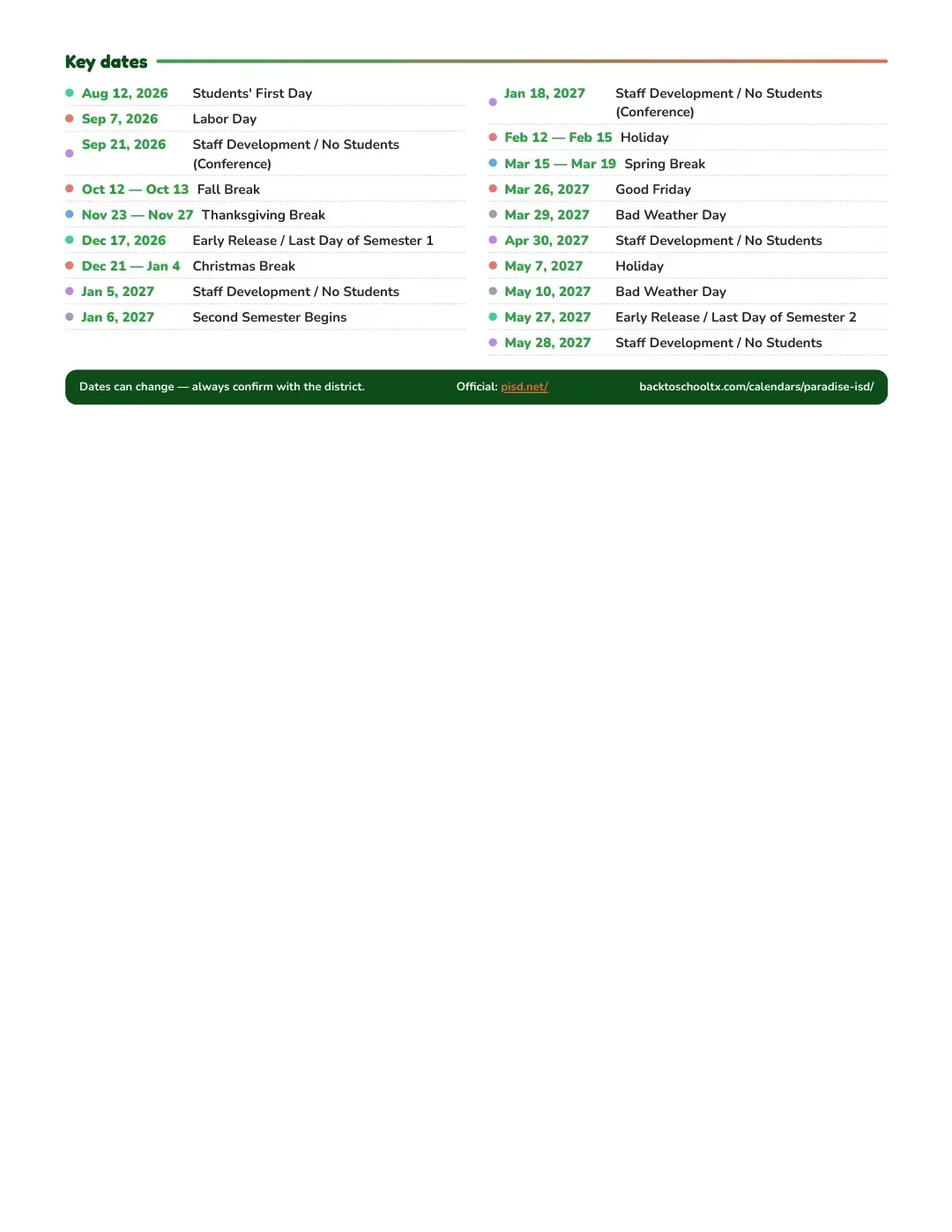 Paradise ISD Calendar for the Year 26-27 — key dates