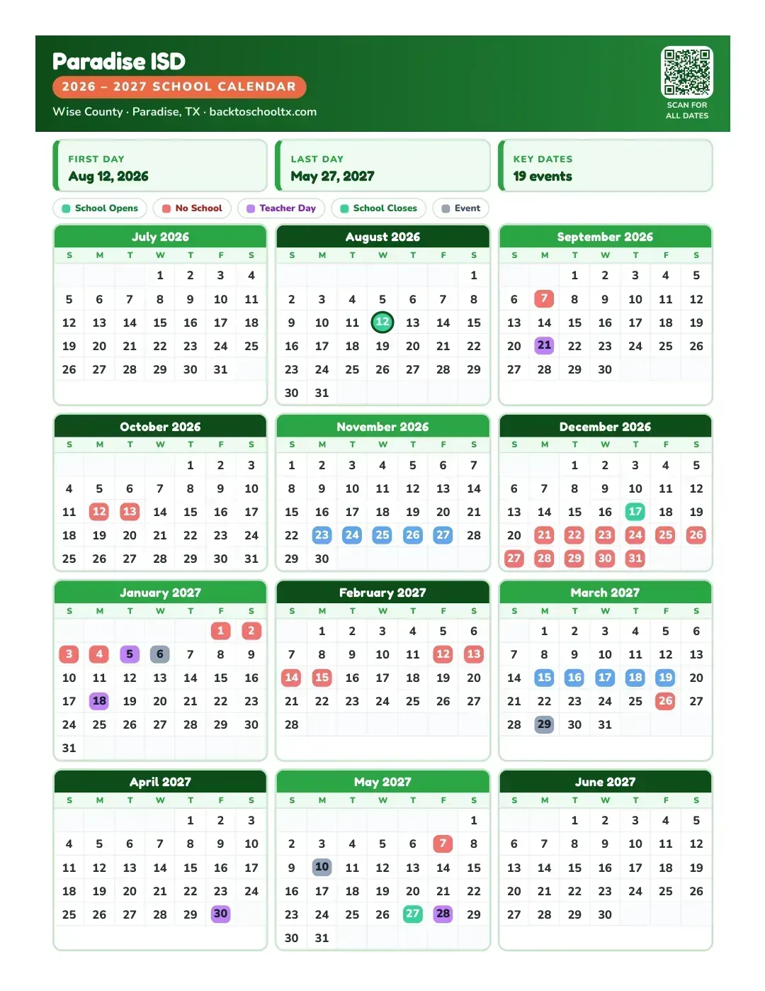 Paradise ISD Calendar for the Year 26-27